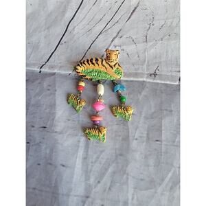 Vintage Tiger Dangling Tiger Cubs Brooch Pin Boho Style
